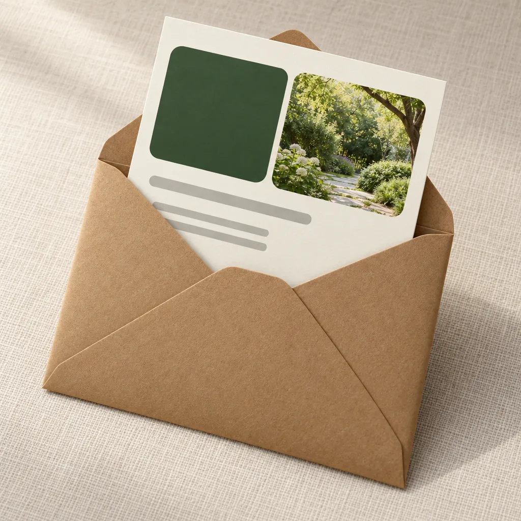 An envelope and a one-page letter with greeked lines (sample layout, no real text)