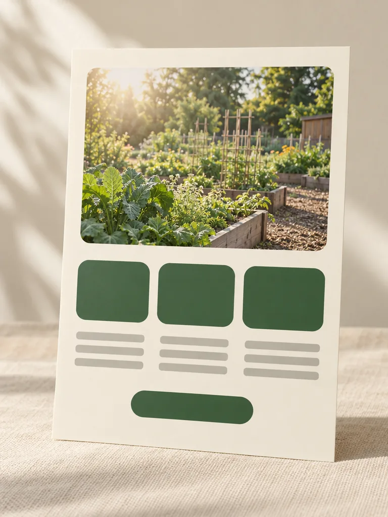 A one-page nonprofit summary with a photo block, three big numbers and short program lines (sample layout, no real text)
